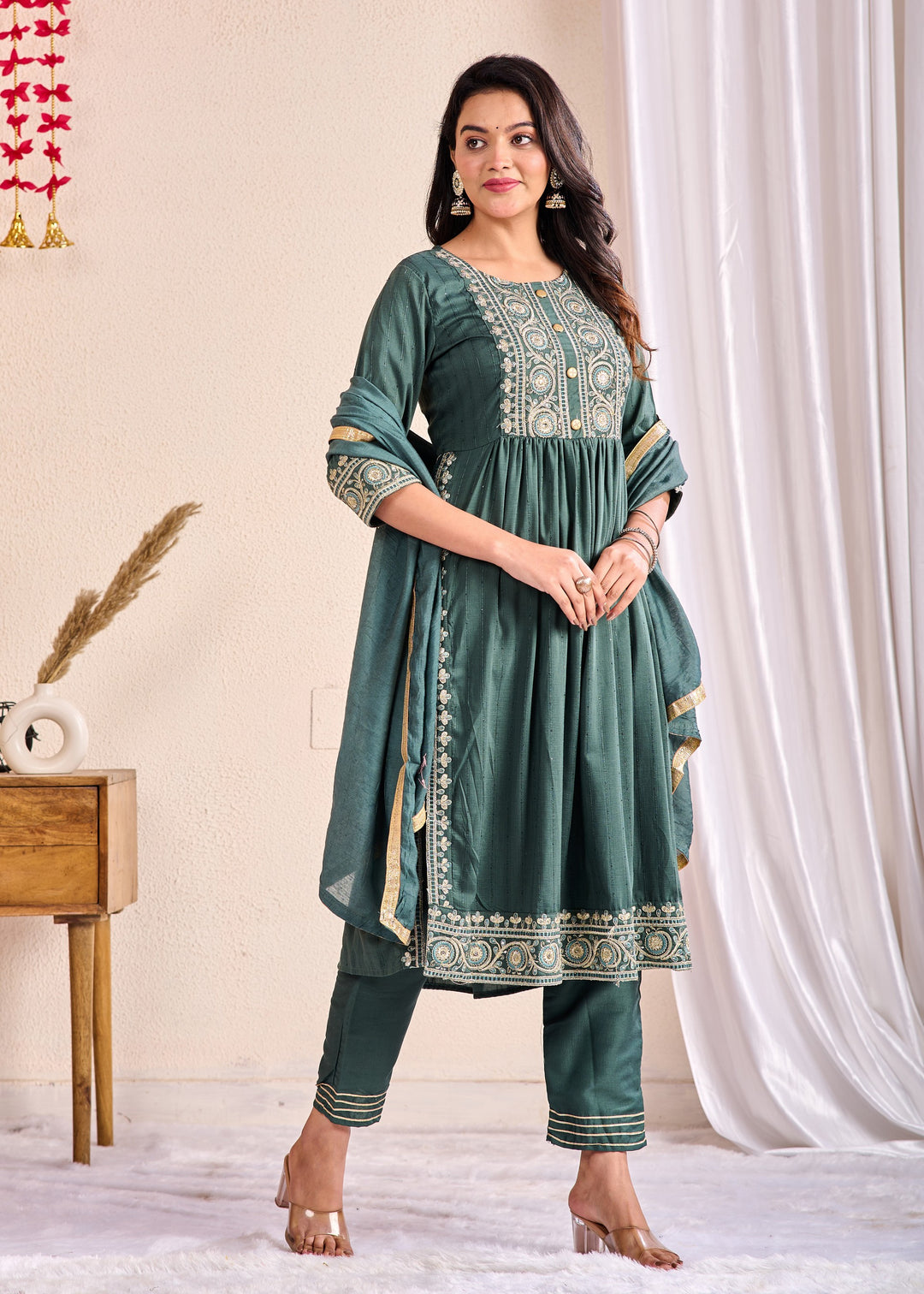 Ethnic Muslin Kurta Set 3-Piece with Zardosi & Gotta Patti - Available in Blue, Red, Pista Green