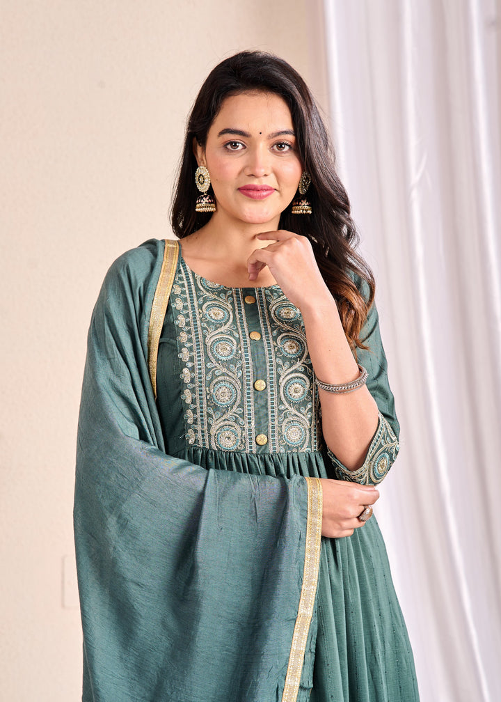 Ethnic Muslin Kurta Set 3-Piece with Zardosi & Gotta Patti - Available in Blue, Red, Pista Green