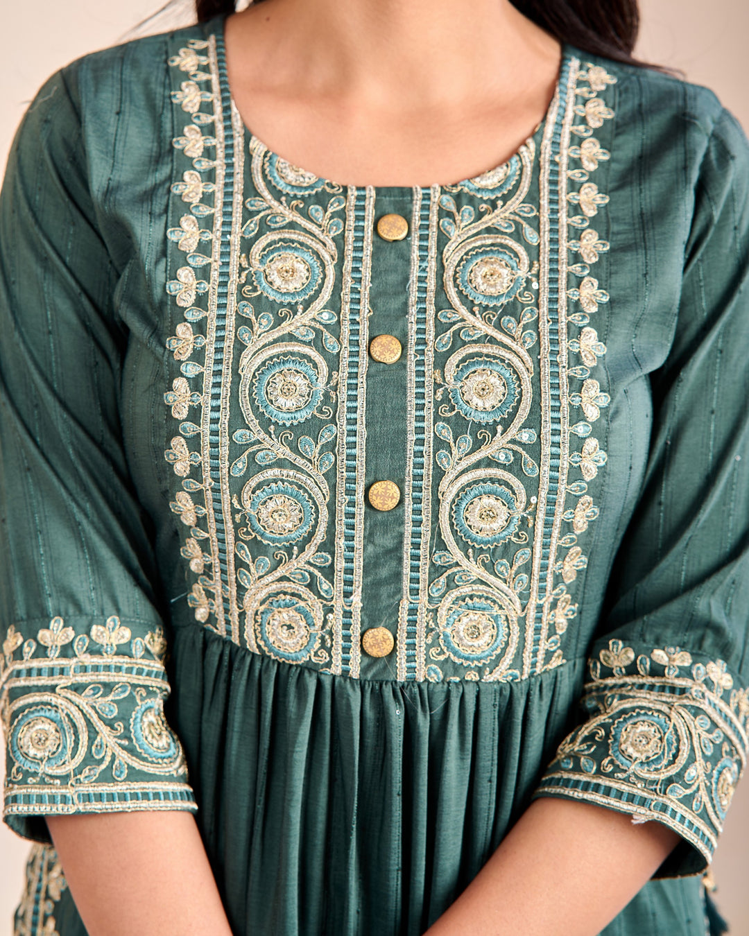 Ethnic Muslin Kurta Set 3-Piece with Zardosi & Gotta Patti - Available in Blue, Red, Pista Green