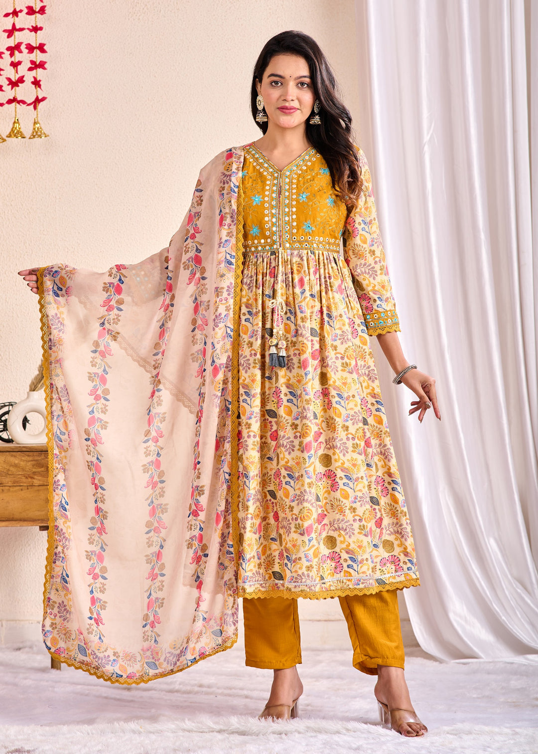 Elegant Ethnic Aliya Cut 3-Piece Suit Set – Muslin Fabric with Embroidered Mirror Work and Sequins