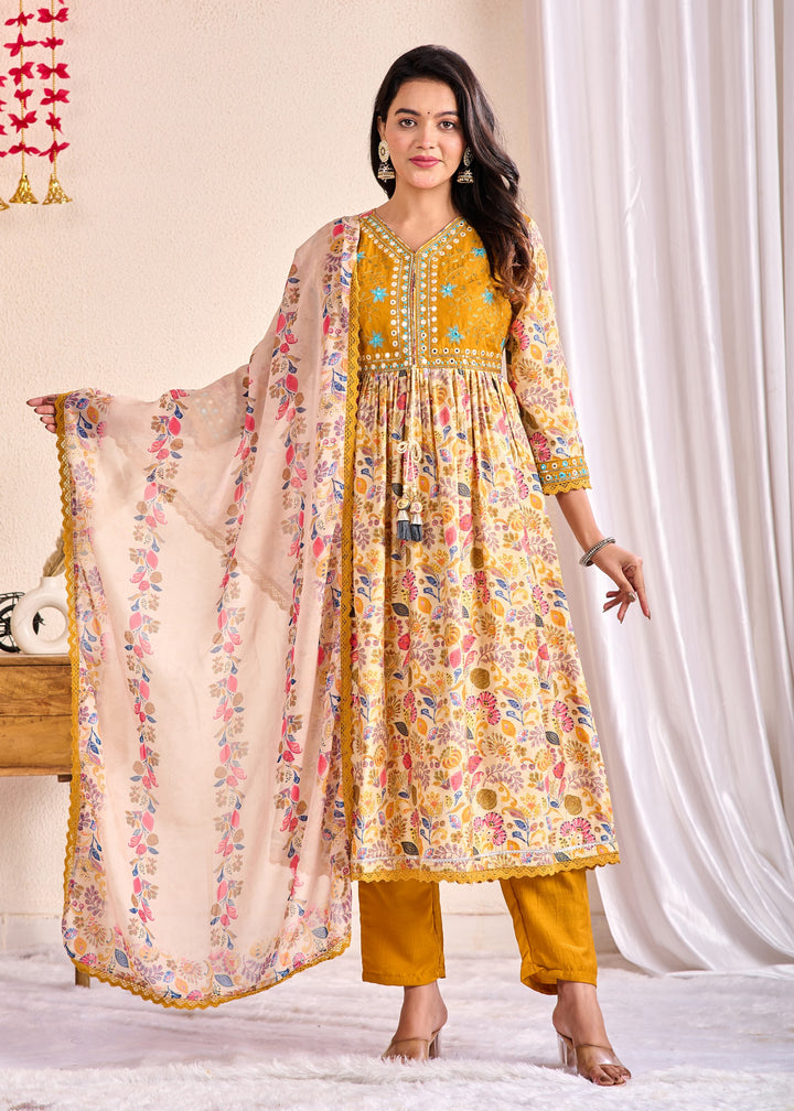 Elegant Ethnic Aliya Cut 3-Piece Suit Set – Muslin Fabric with Embroidered Mirror Work and Sequins