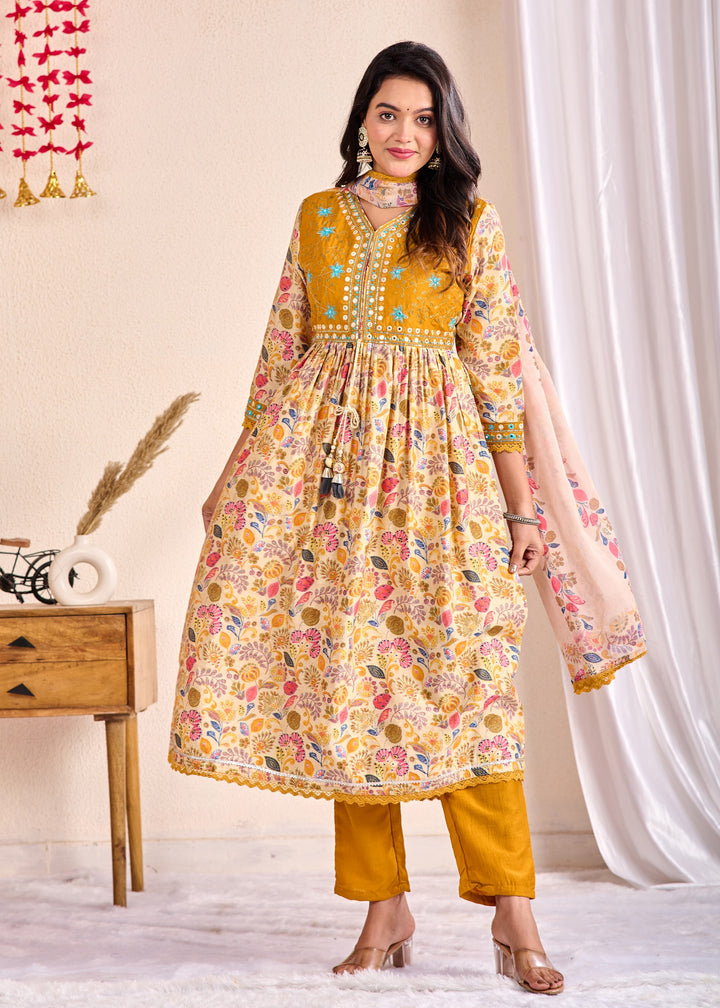 Elegant Ethnic Aliya Cut 3-Piece Suit Set – Muslin Fabric with Embroidered Mirror Work and Sequins