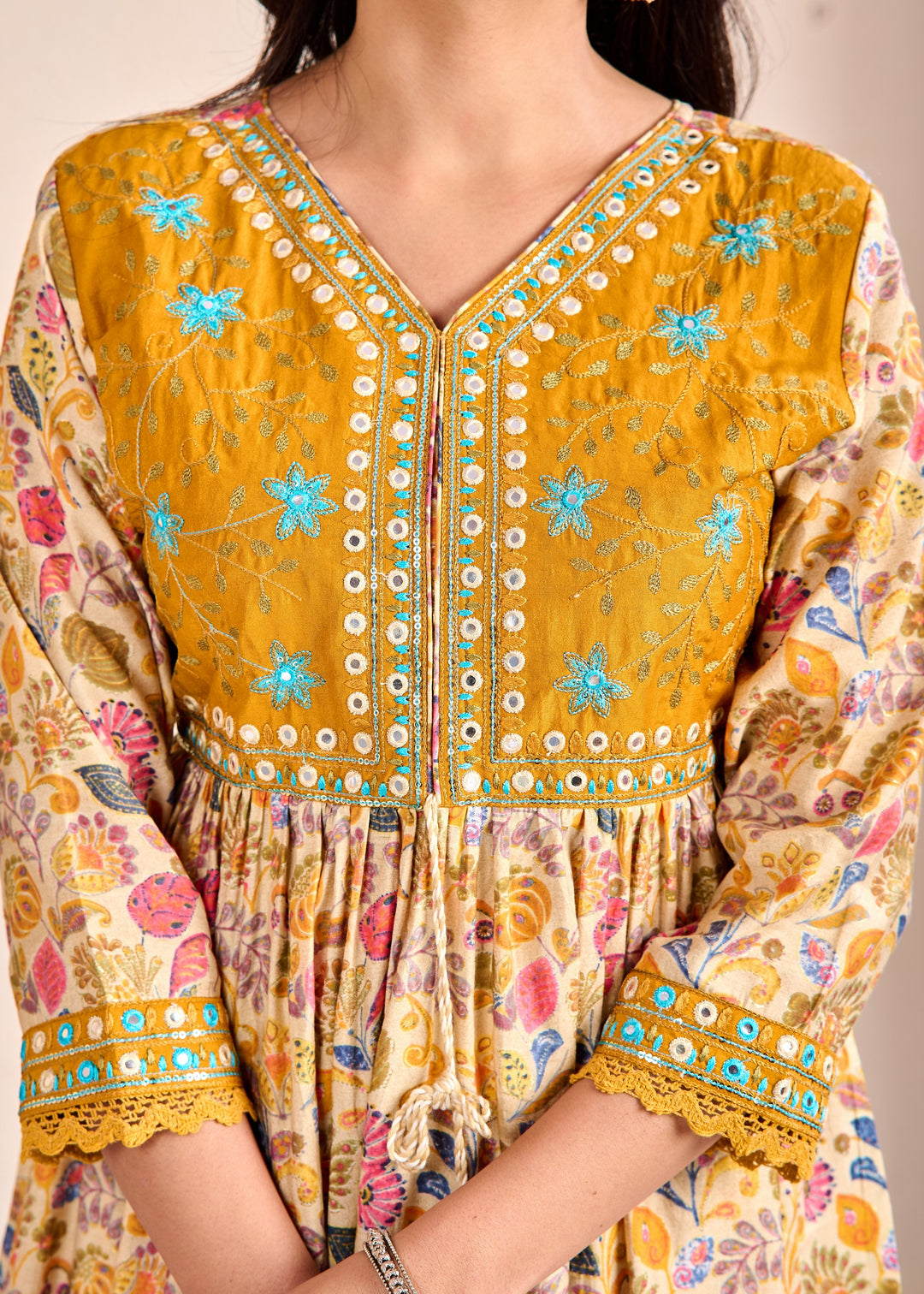 Elegant Ethnic Aliya Cut 3-Piece Suit Set – Muslin Fabric with Embroidered Mirror Work and Sequins