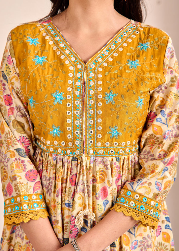 Elegant Ethnic Aliya Cut 3-Piece Suit Set – Muslin Fabric with Embroidered Mirror Work and Sequins