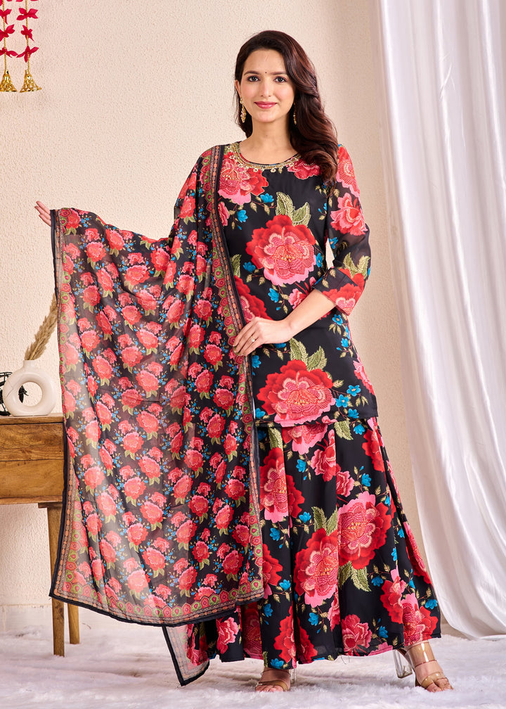 Premium Cotton Ethnic Wear Sharara Suit Set with Gotta Patti and Zari Work – 3 Piece Set (Red)