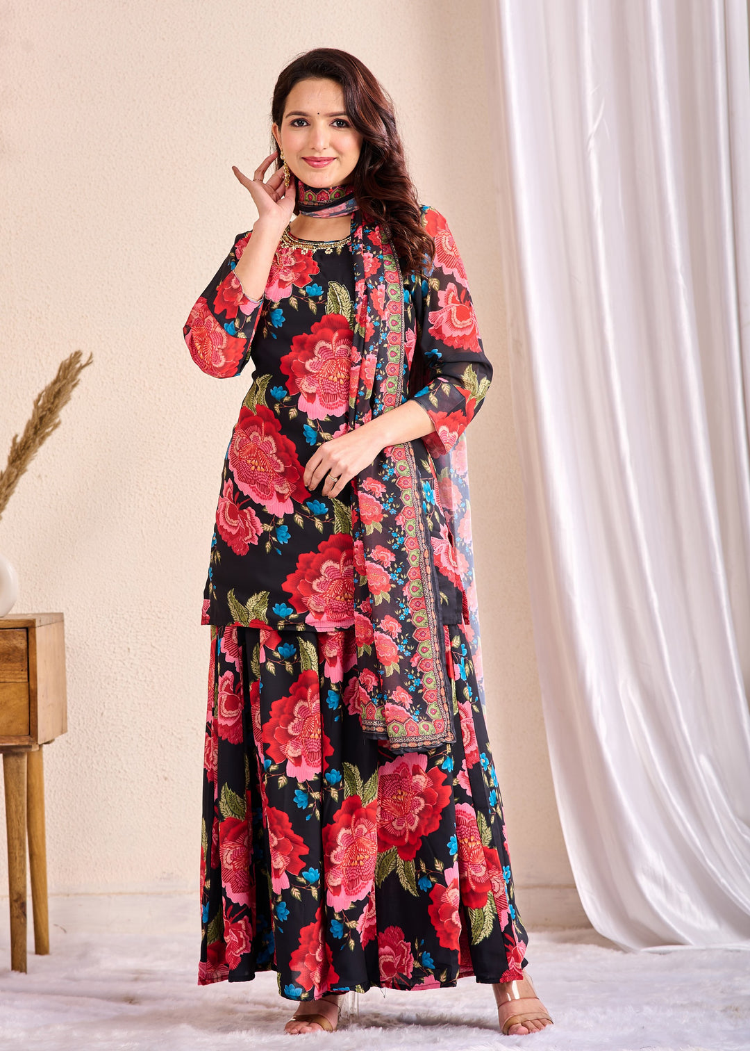 Premium Cotton Ethnic Wear Sharara Suit Set with Gotta Patti and Zari Work – 3 Piece Set (Red)