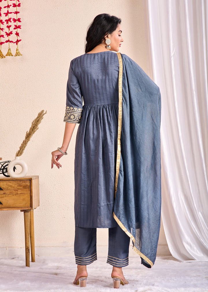 Ethnic Muslin Kurta Set 3-Piece with Zardosi & Gotta Patti - Available in Blue, Red, Pista Green