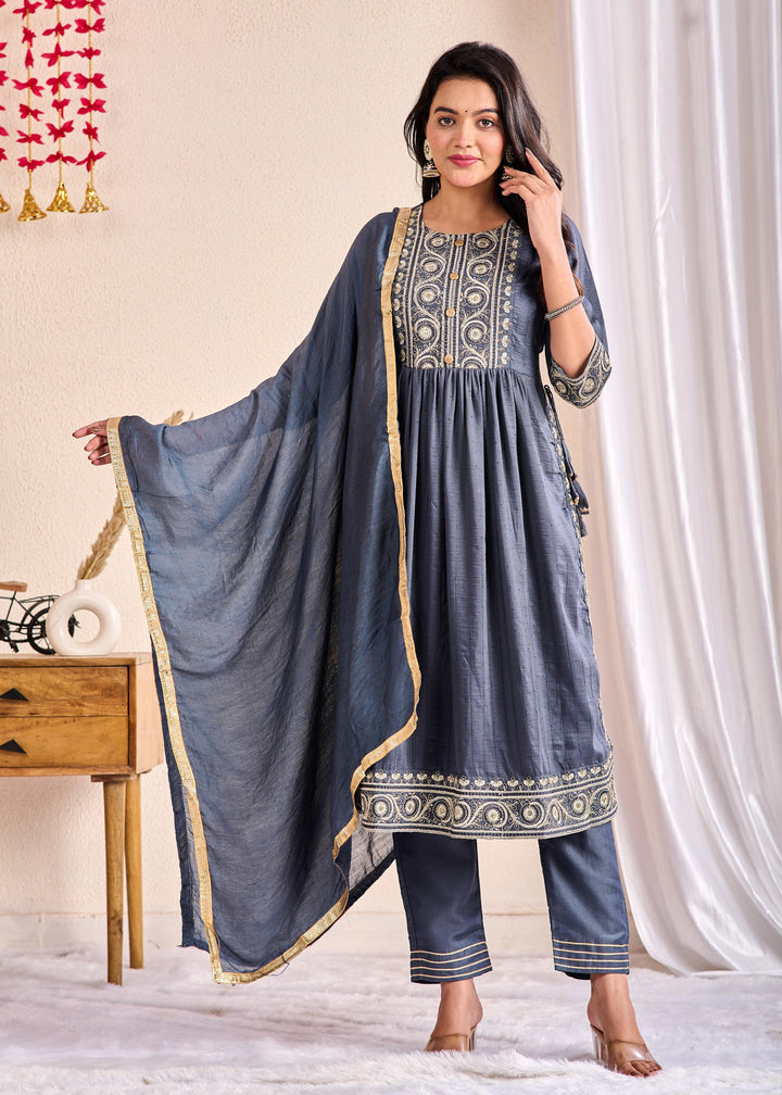Ethnic Muslin Kurta Set 3-Piece with Zardosi & Gotta Patti - Available in Blue, Red, Pista Green