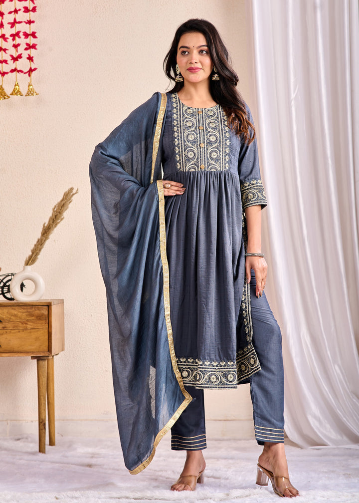 Ethnic Muslin Kurta Set 3-Piece with Zardosi & Gotta Patti - Available in Blue, Red, Pista Green