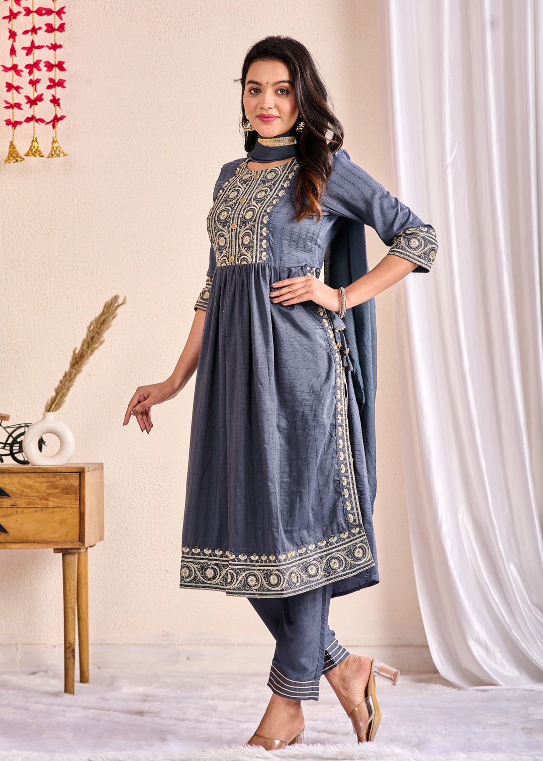 Ethnic Muslin Kurta Set 3-Piece with Zardosi & Gotta Patti - Available in Blue, Red, Pista Green