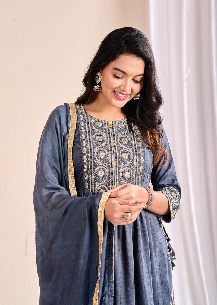 Ethnic Muslin Kurta Set 3-Piece with Zardosi & Gotta Patti - Available in Blue, Red, Pista Green