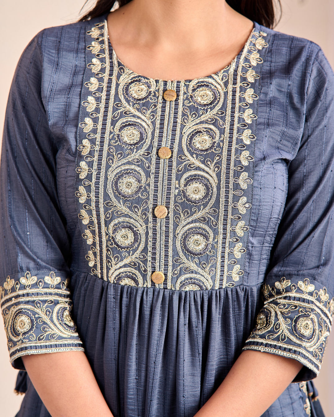 Ethnic Muslin Kurta Set 3-Piece with Zardosi & Gotta Patti - Available in Blue, Red, Pista Green