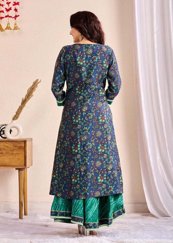 Elegant Western Wear Gown Shrug Set 3-Piece - Embroidered Mirror Work Camisole with Full Sleeves V-Neck, Cotton Fabric | Available in Green