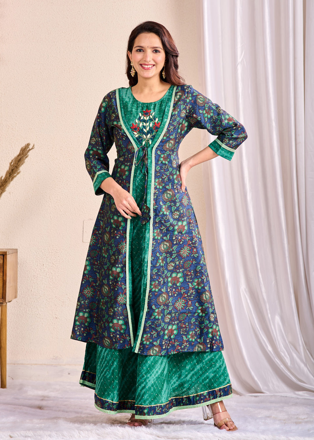Elegant Western Wear Gown Shrug Set 3-Piece - Embroidered Mirror Work Camisole with Full Sleeves V-Neck, Cotton Fabric | Available in Green