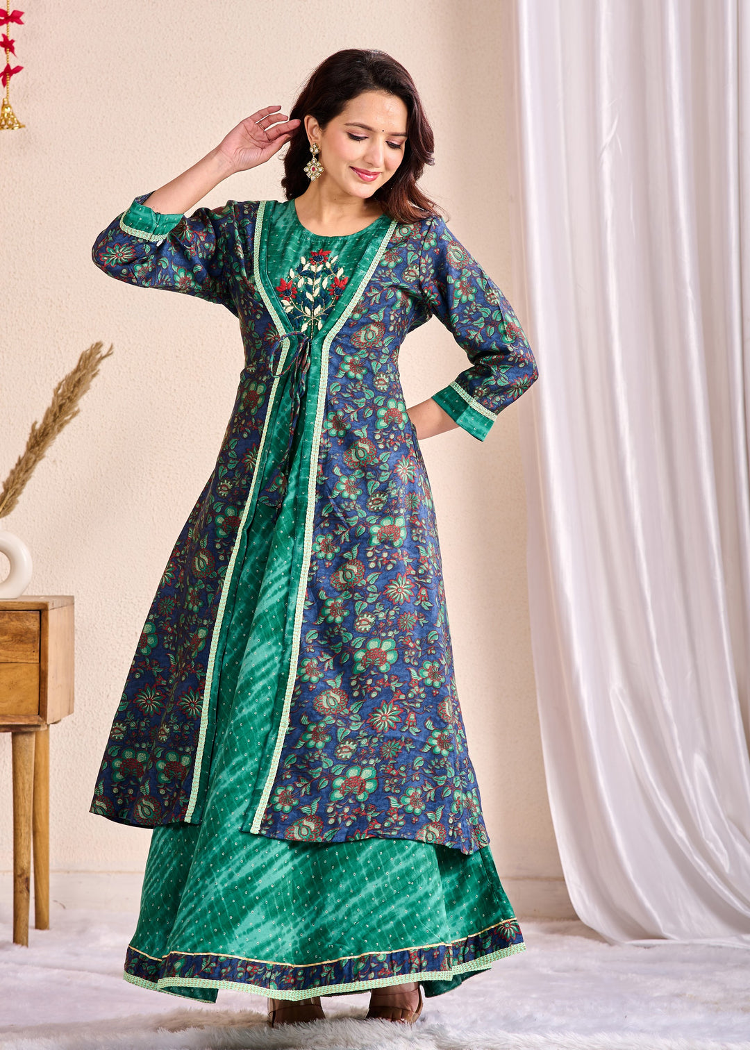 Elegant Western Wear Gown Shrug Set 3-Piece - Embroidered Mirror Work Camisole with Full Sleeves V-Neck, Cotton Fabric | Available in Green