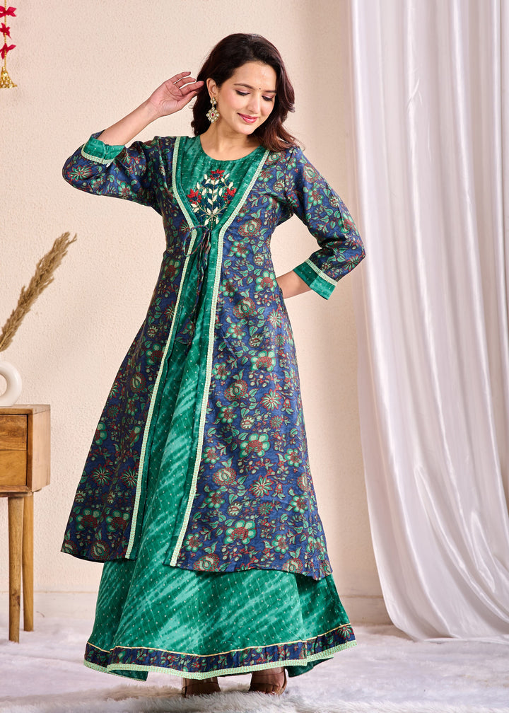 Elegant Western Wear Gown Shrug Set 3-Piece - Embroidered Mirror Work Camisole with Full Sleeves V-Neck, Cotton Fabric | Available in Green