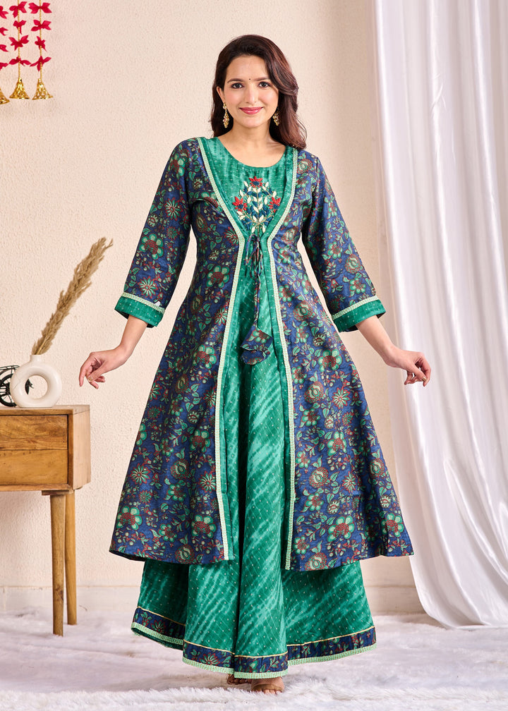Elegant Western Wear Gown Shrug Set 3-Piece - Embroidered Mirror Work Camisole with Full Sleeves V-Neck, Cotton Fabric | Available in Green