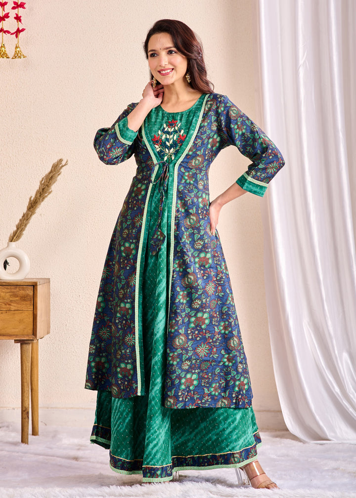Elegant Western Wear Gown Shrug Set 3-Piece - Embroidered Mirror Work Camisole with Full Sleeves V-Neck, Cotton Fabric | Available in Green