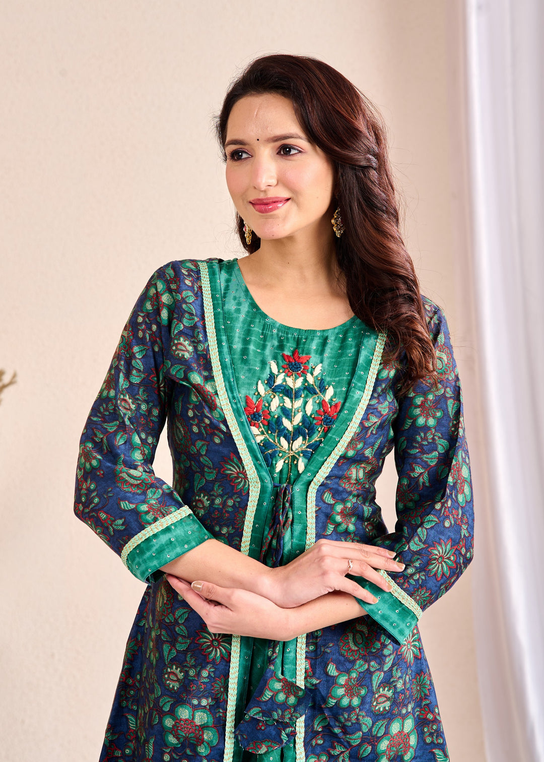 Elegant Western Wear Gown Shrug Set 3-Piece - Embroidered Mirror Work Camisole with Full Sleeves V-Neck, Cotton Fabric | Available in Green