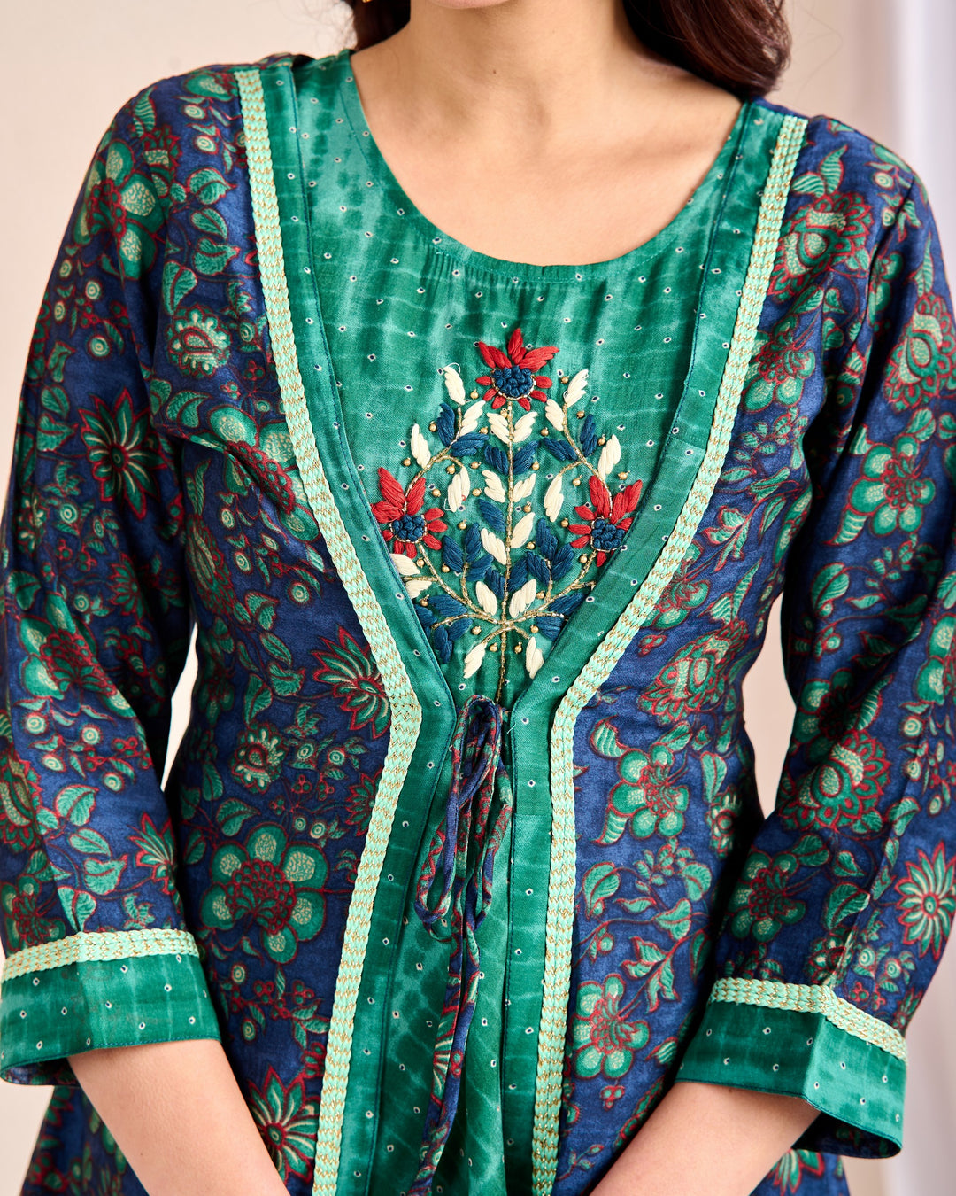 Elegant Western Wear Gown Shrug Set 3-Piece - Embroidered Mirror Work Camisole with Full Sleeves V-Neck, Cotton Fabric | Available in Green