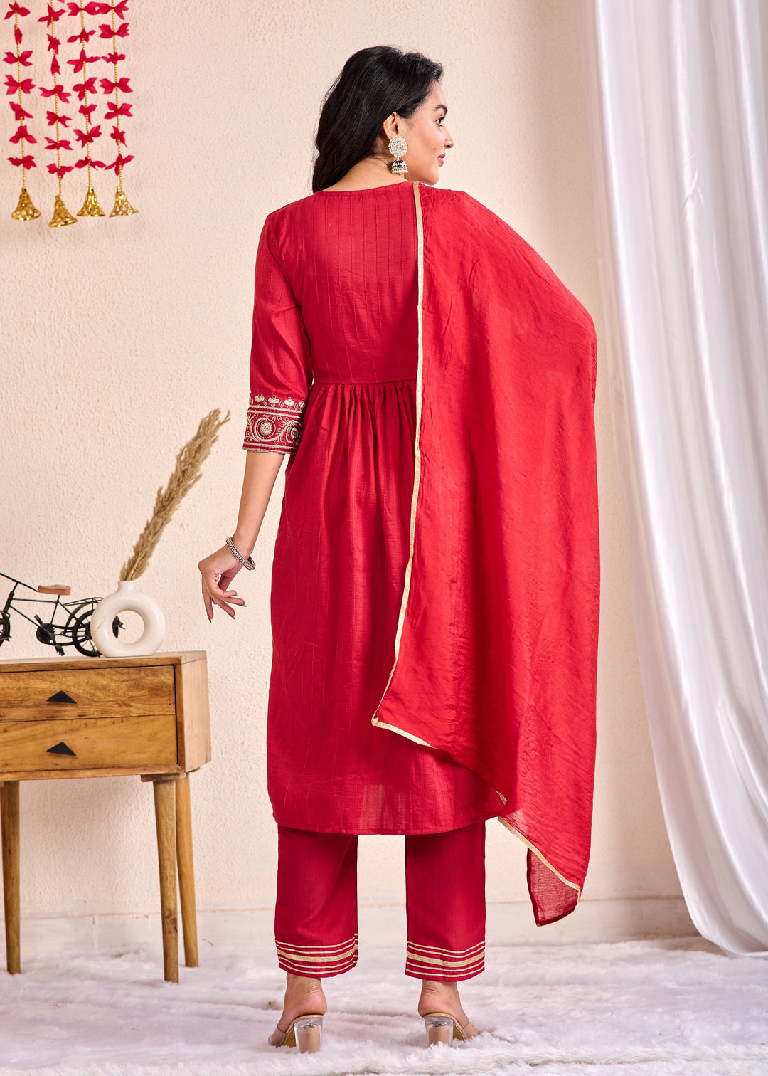 Ethnic Muslin Kurta Set 3-Piece with Zardosi & Gotta Patti - Available in Blue, Red, Pista Green
