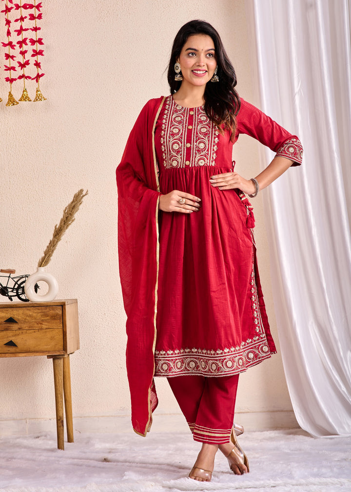 Ethnic Muslin Kurta Set 3-Piece with Zardosi & Gotta Patti - Available in Blue, Red, Pista Green