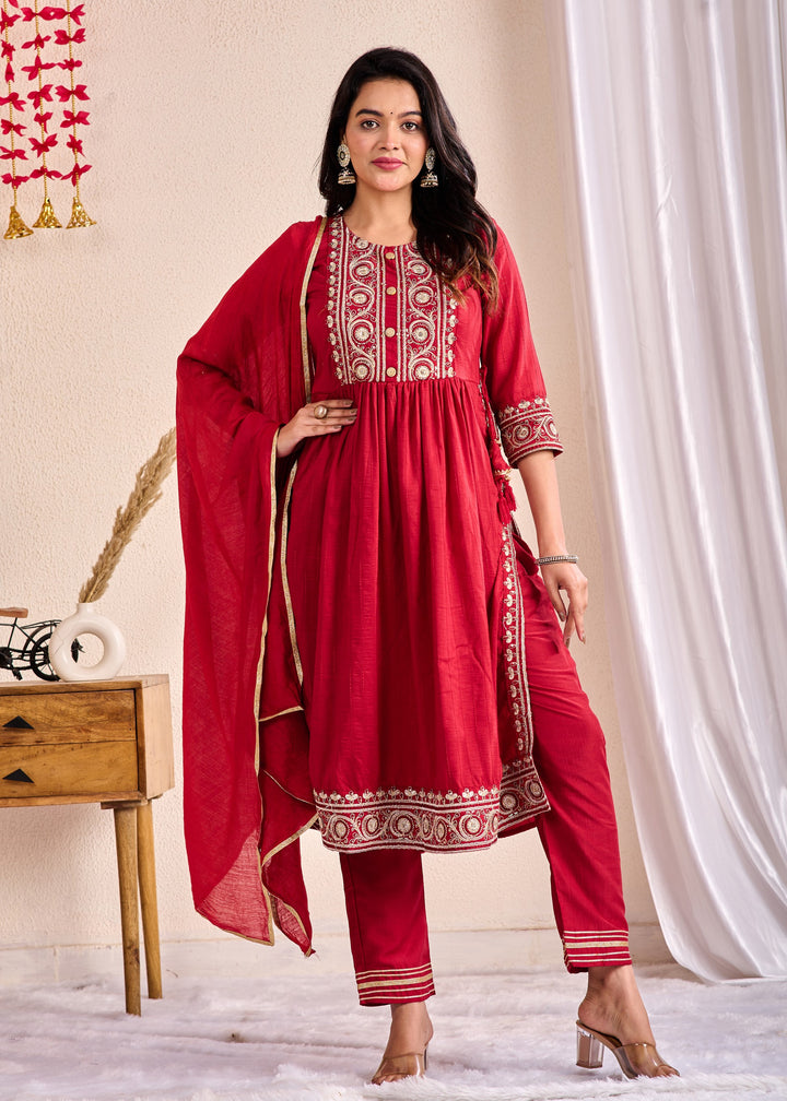 Ethnic Muslin Kurta Set 3-Piece with Zardosi & Gotta Patti - Available in Blue, Red, Pista Green