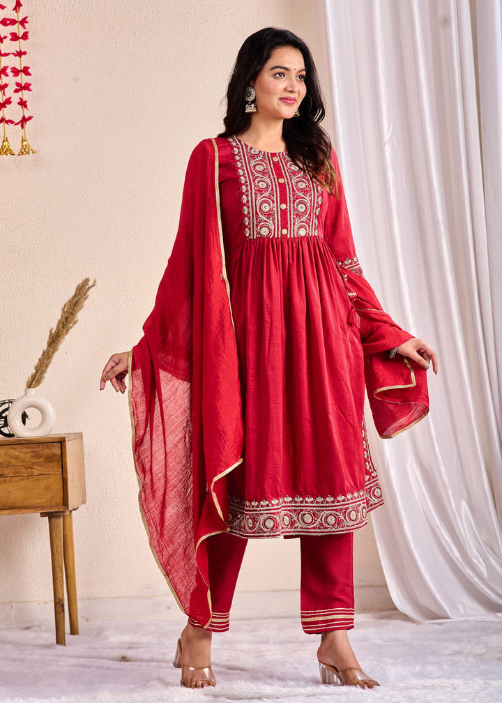 Ethnic Muslin Kurta Set 3-Piece with Zardosi & Gotta Patti - Available in Blue, Red, Pista Green