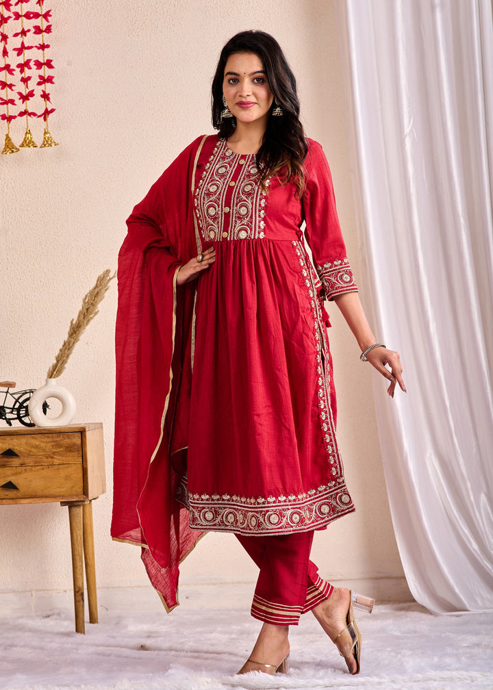 Ethnic Muslin Kurta Set 3-Piece with Zardosi & Gotta Patti - Available in Blue, Red, Pista Green