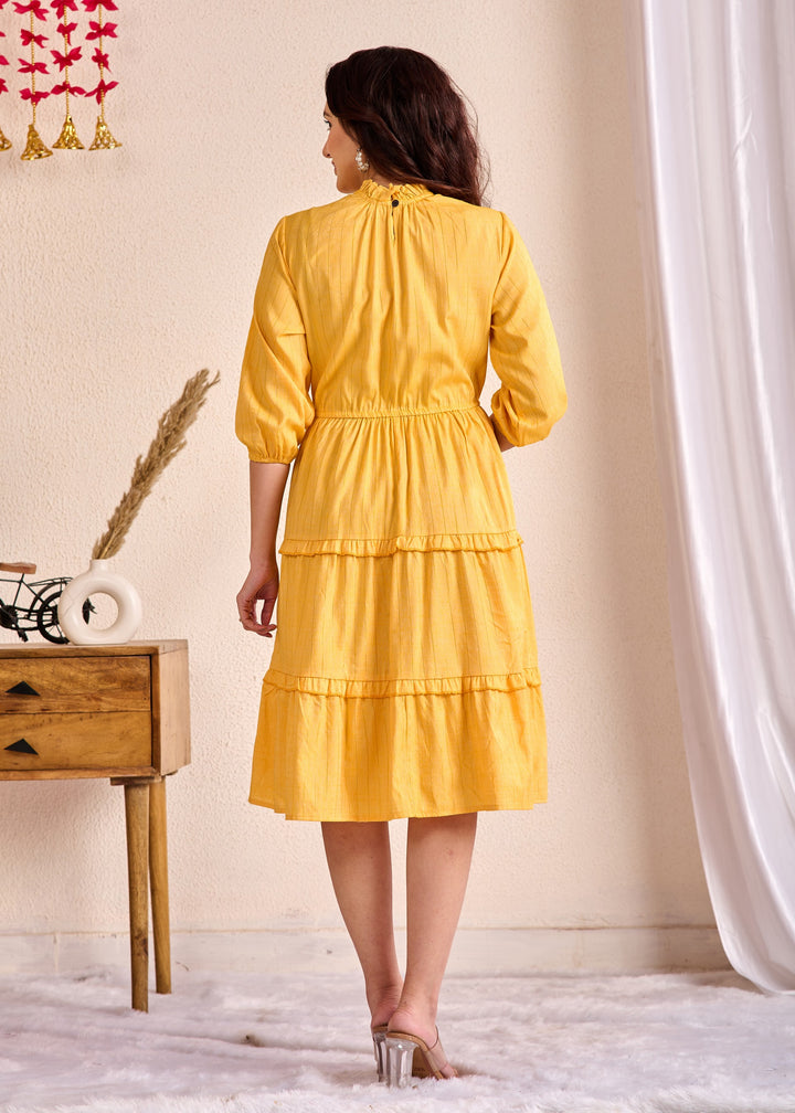 Elegant Yellow Cotton Tunic with Embroidery & Sequins Work – Stylish Tiered Ethnic Wear