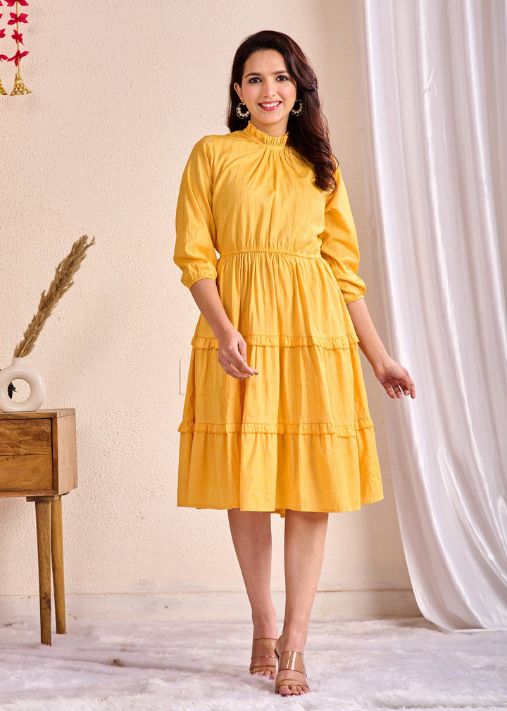 Elegant Yellow Cotton Tunic with Embroidery & Sequins Work – Stylish Tiered Ethnic Wear