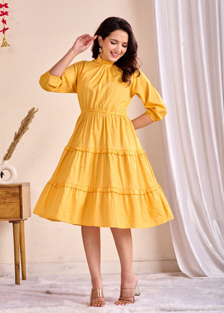 Elegant Yellow Cotton Tunic with Embroidery & Sequins Work – Stylish Tiered Ethnic Wear