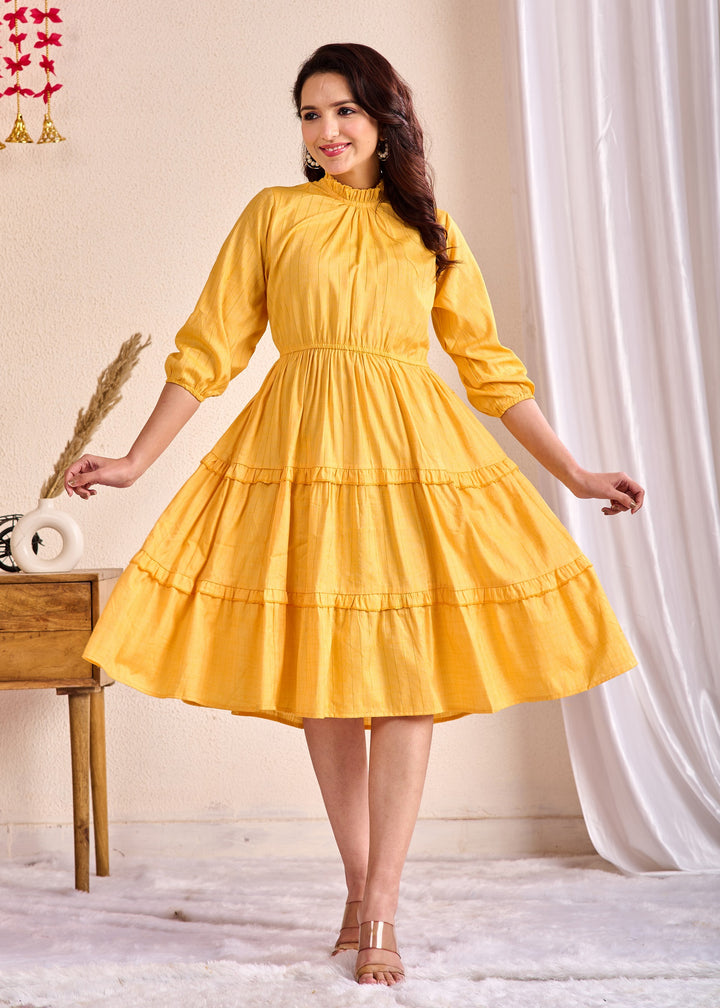 Elegant Yellow Cotton Tunic with Embroidery & Sequins Work – Stylish Tiered Ethnic Wear