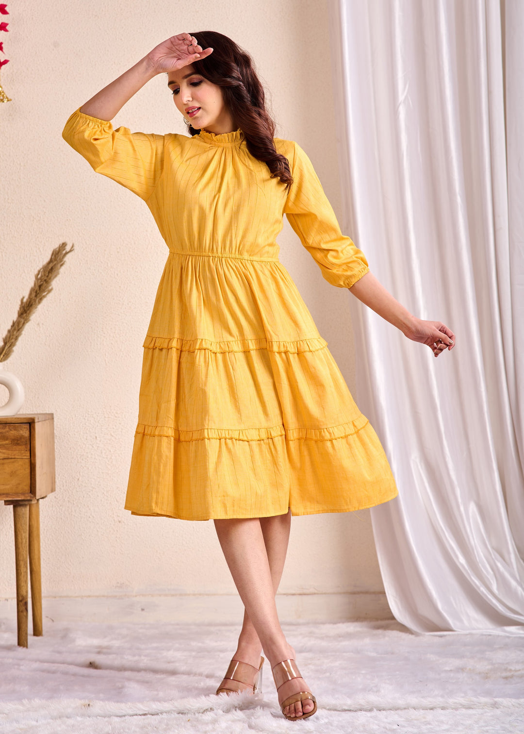 Elegant Yellow Cotton Tunic with Embroidery & Sequins Work – Stylish Tiered Ethnic Wear