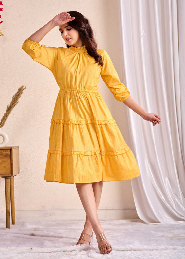 Elegant Yellow Cotton Tunic with Embroidery & Sequins Work – Stylish Tiered Ethnic Wear