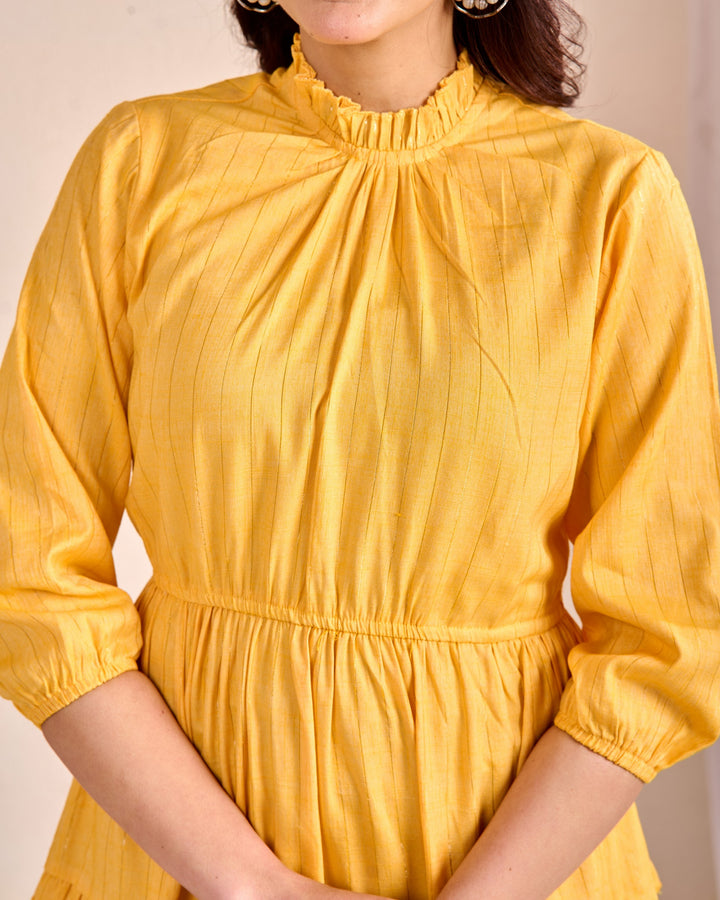 Elegant Yellow Cotton Tunic with Embroidery & Sequins Work – Stylish Tiered Ethnic Wear