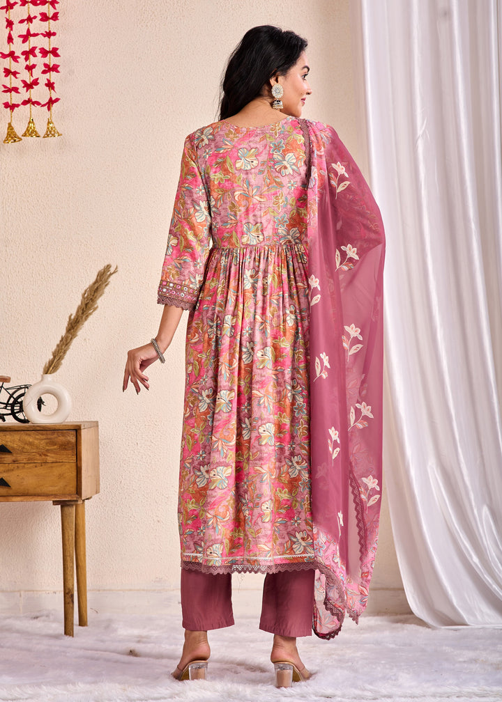 Elegant Ethnic Aliya Cut 3-Piece Suit Set – Muslin Fabric with Embroidered Mirror Work and Sequins