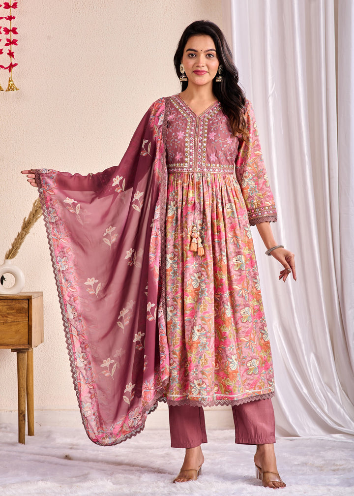 Elegant Ethnic Aliya Cut 3-Piece Suit Set – Muslin Fabric with Embroidered Mirror Work and Sequins