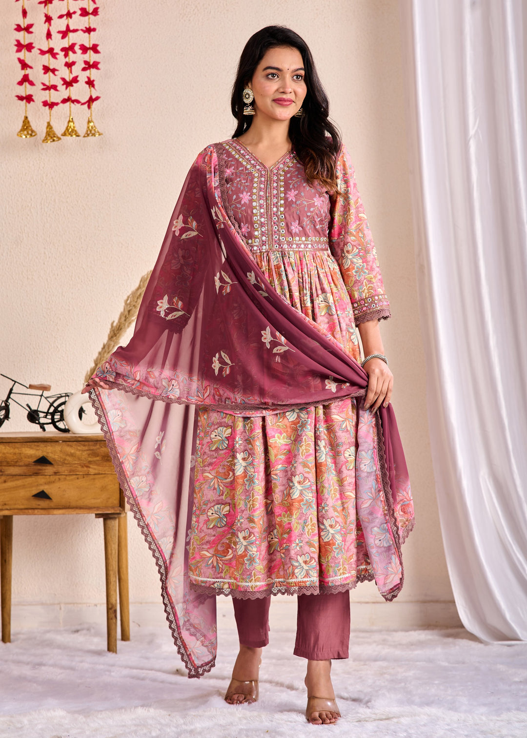 Elegant Ethnic Aliya Cut 3-Piece Suit Set – Muslin Fabric with Embroidered Mirror Work and Sequins