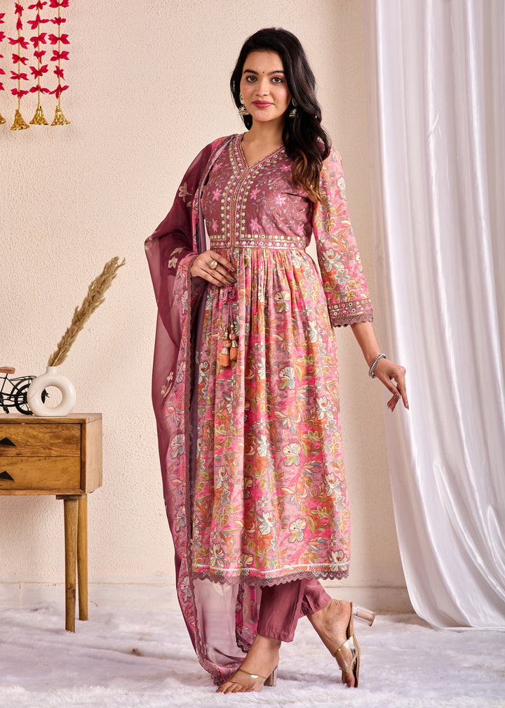 Elegant Ethnic Aliya Cut 3-Piece Suit Set – Muslin Fabric with Embroidered Mirror Work and Sequins