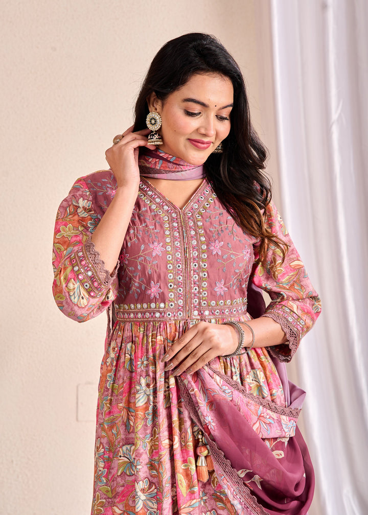 Elegant Ethnic Aliya Cut 3-Piece Suit Set – Muslin Fabric with Embroidered Mirror Work and Sequins