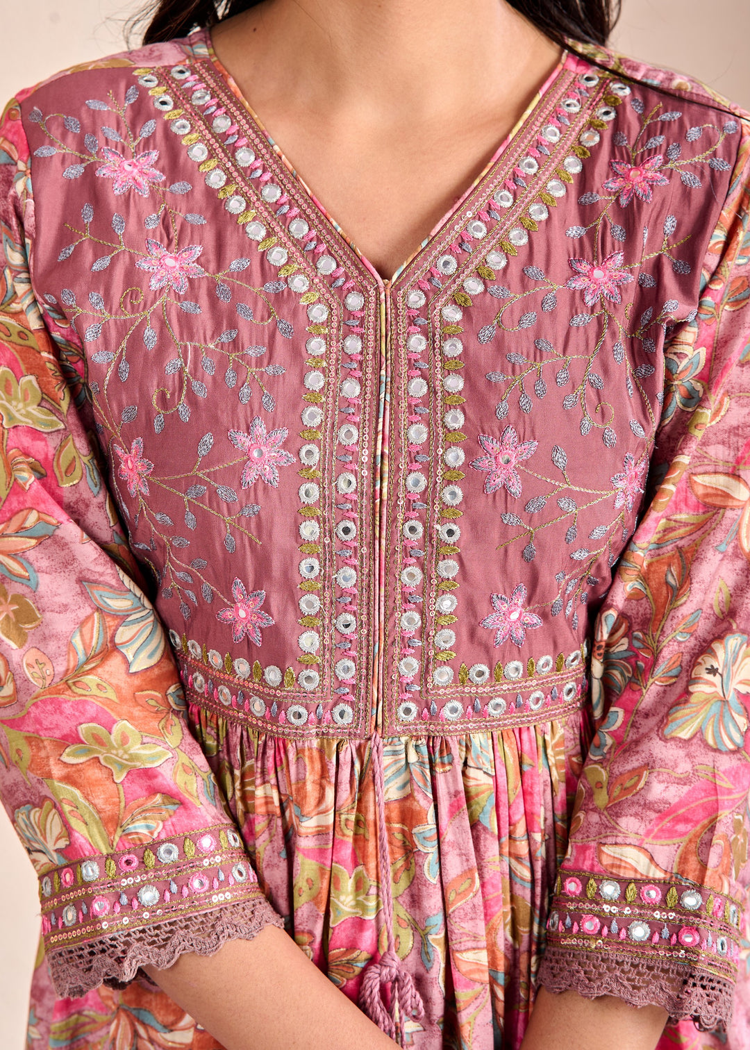 Elegant Ethnic Aliya Cut 3-Piece Suit Set – Muslin Fabric with Embroidered Mirror Work and Sequins
