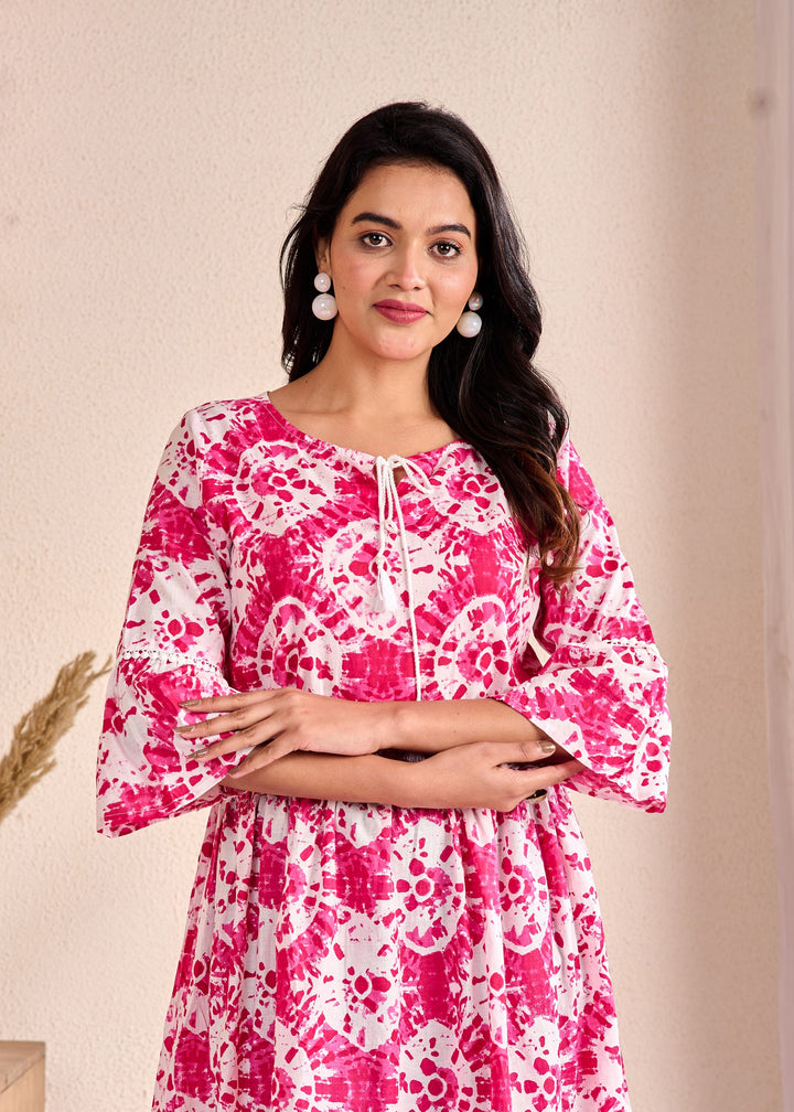 Elegant Ethnic Cotton Tunic for Women - Tiered Design with Lace Detailing