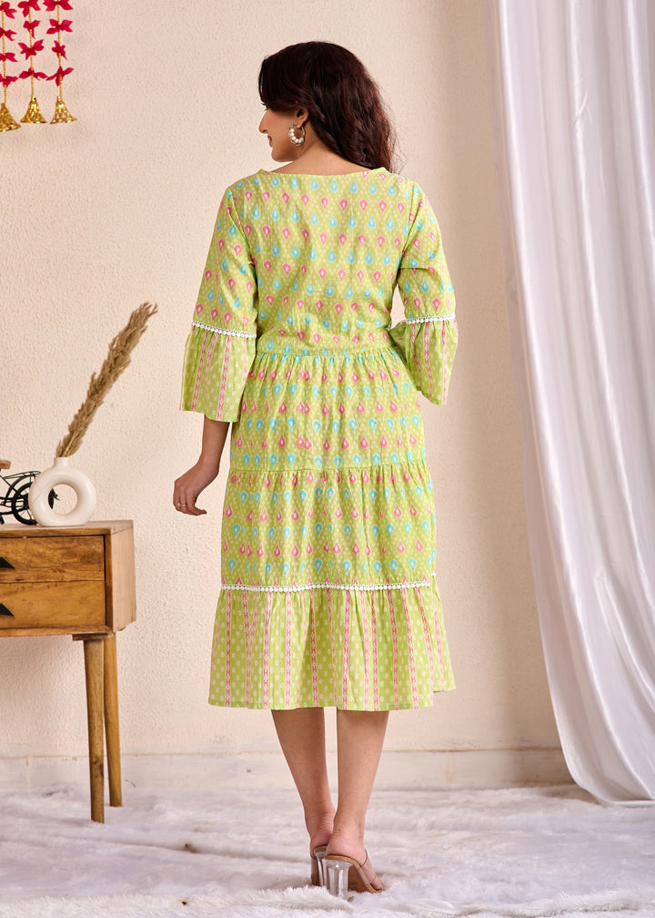 Ethnic Cotton Tunic Set - Embroidered Tiered Sleeves in Yellow & Green