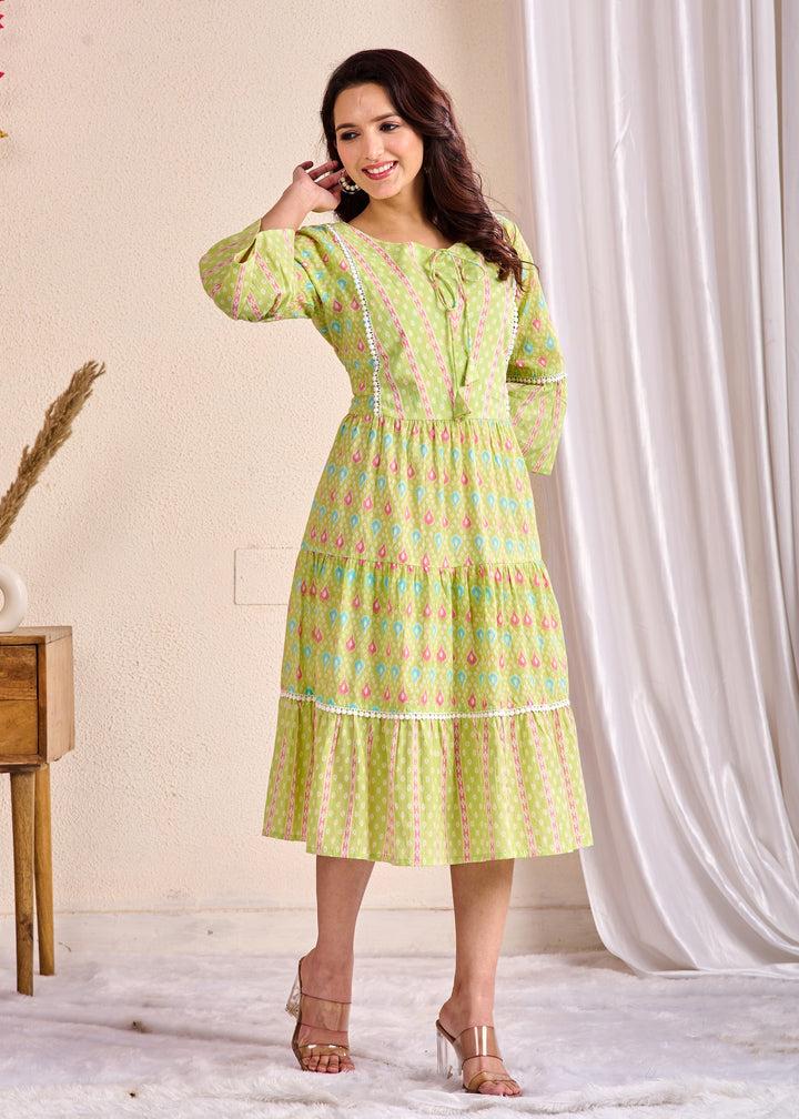 Ethnic Cotton Tunic Set - Embroidered Tiered Sleeves in Yellow & Green