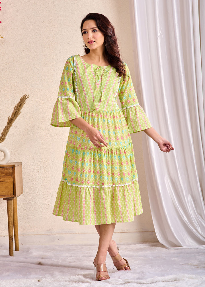 Ethnic Cotton Tunic Set - Embroidered Tiered Sleeves in Yellow & Green