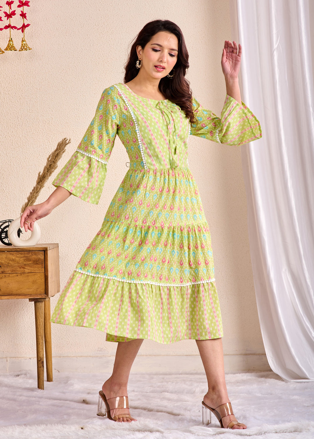 Ethnic Cotton Tunic Set - Embroidered Tiered Sleeves in Yellow & Green