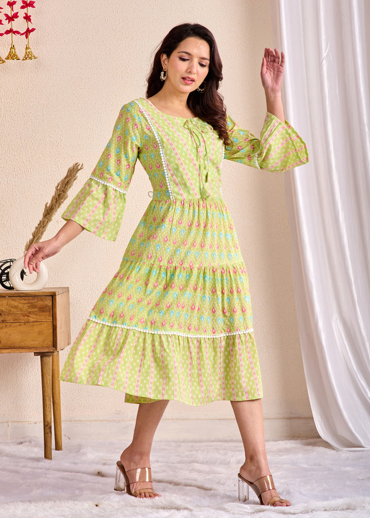 Ethnic Cotton Tunic Set - Embroidered Tiered Sleeves in Yellow & Green