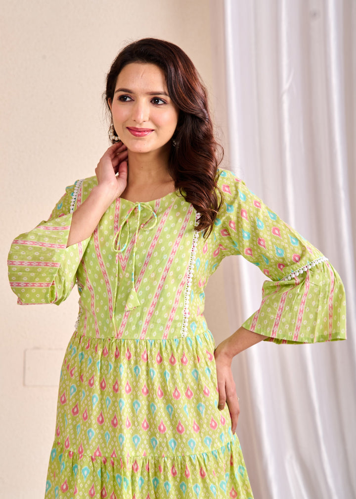Ethnic Cotton Tunic Set - Embroidered Tiered Sleeves in Yellow & Green