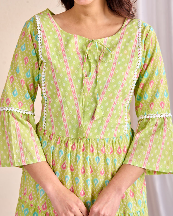 Ethnic Cotton Tunic Set - Embroidered Tiered Sleeves in Yellow & Green